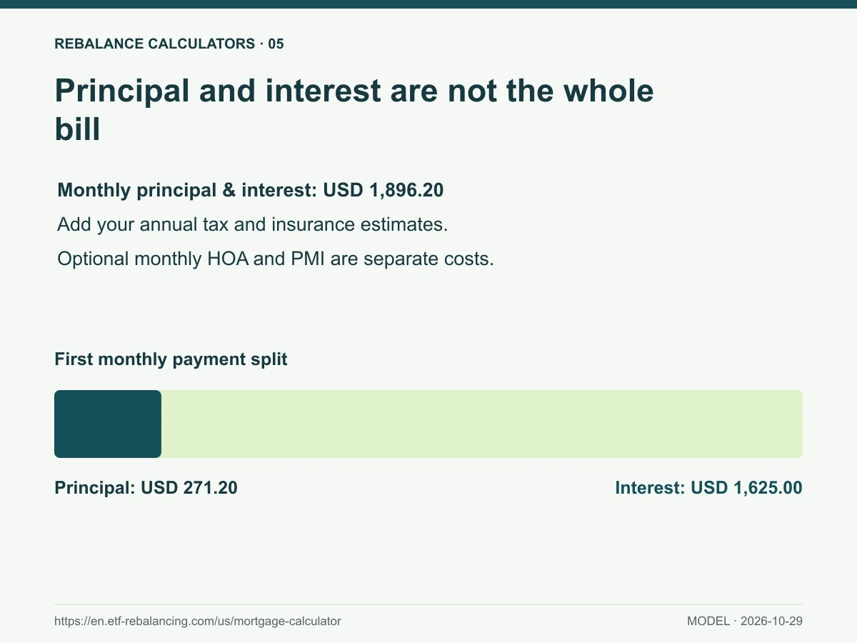 Principal and interest are not the whole bill. Monthly principal & interest: USD 1,896.20 Add your annual tax and insurance estimates.